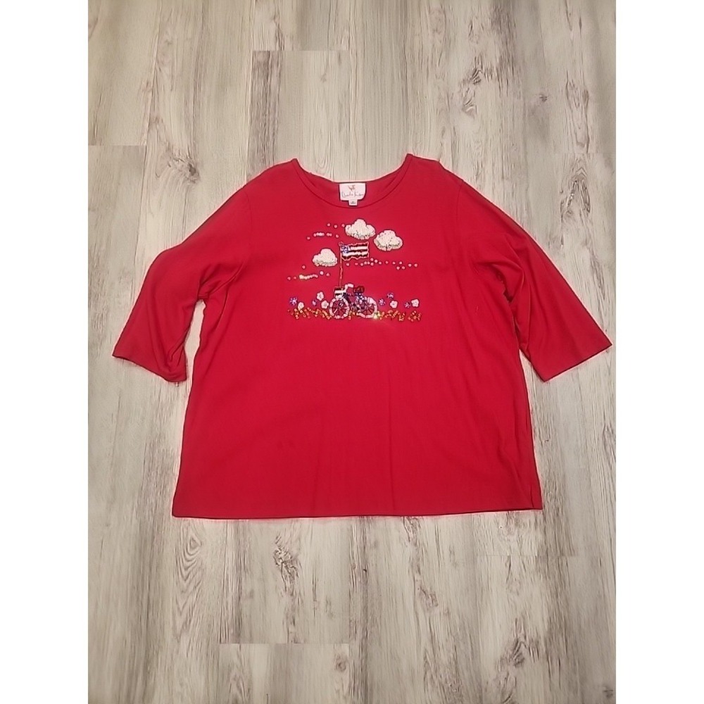 Quacker Factory Womens Shirt 3/4 Sleeve Sequin Bike Flag Patriotic Americana 2XL